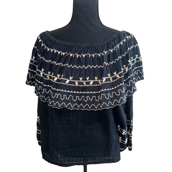 Reba Off-Shoulder Peasant Top Embroidery Black Boho Cottage Size L 100% Cotton - Picture 1 of 8